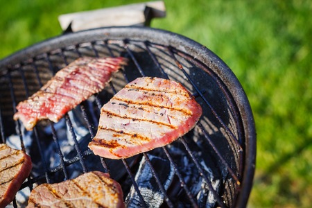 Barbecue on a hot day during the summer vacation on a green grass background  Meat on the grill の写真素材
