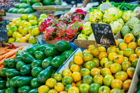Fresh and organic fruit and vegetables at farmers marketの写真素材