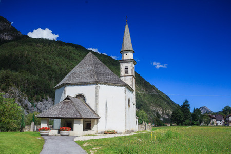 View to church in Dolomite mountains. Italian Alpsの写真素材