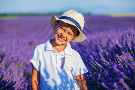 Happy baby boy in lavender summer field near Valensole. Provence, France.の写真素材