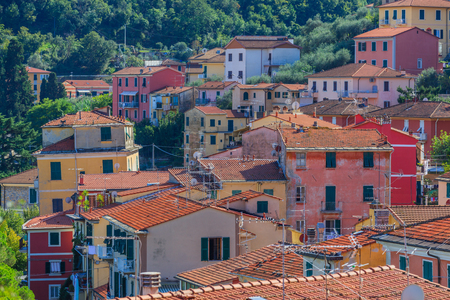 View of the colorful houses along the main street in a sunny day in Riomaggiore.の写真素材
