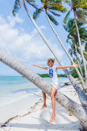 Happy girl sits on a palm tree in a tropical beachの写真素材