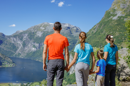 Family with children above Geiranger Fjord.の写真素材