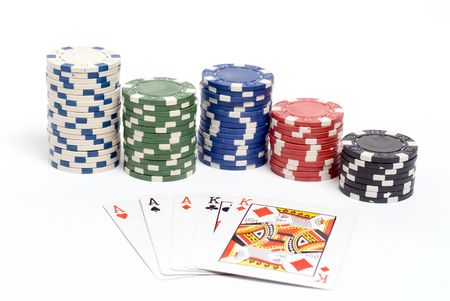 Full house poker hand with colored poker chips.のeditorial素材