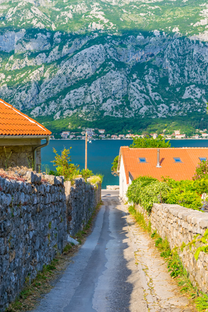 An ancient street in the town of Prcan comes to Boko-kotorska bay.のeditorial素材