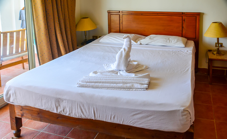 EGYPT, SHARM EL SHEIKH - 08 JUNE / 2015: the hotel staff make figures out of towels to surprise customers.のeditorial素材