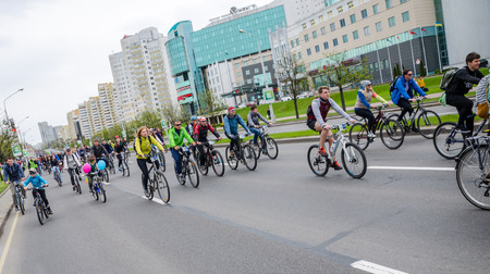 BELARUS, MINSK - APRIL 30/2016: On the central streets of Minsk hosted the annual bicycle carnival in which everyone participated.のeditorial素材