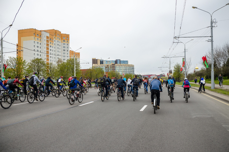 BELARUS, MINSK - APRIL 30/2016: On the central streets of Minsk hosted the annual bicycle carnival in which everyone participated.のeditorial素材