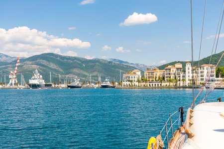 MONTENEGRO, TIVAT - MAY 27/2017: yachts of various sizes and large vessels moored in the port of Tivat.のeditorial素材