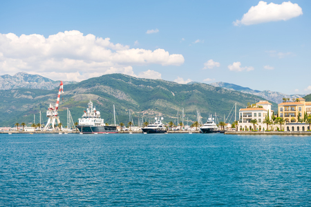 MONTENEGRO, TIVAT - MAY 27/2017: yachts of various sizes and large vessels moored in the port of Tivat.のeditorial素材