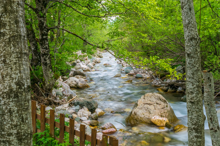Kolasinskaya River flows through the city with a rapid flow. Montenegro, Kolasin.