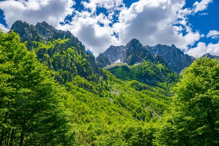 Picturesque snow-capped peaks of high mountains.の写真素材
