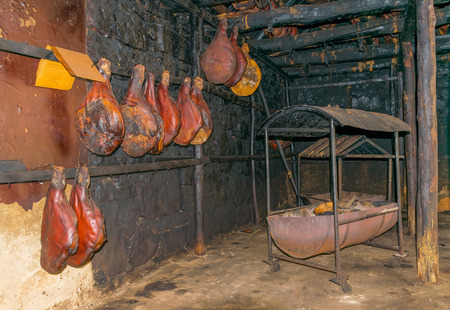 Preparation of prosciutto in rural areas in Montenegro.の写真素材
