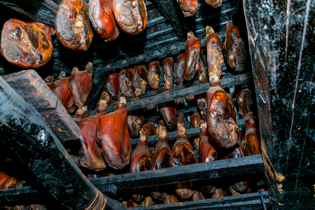 Preparation of prosciutto in rural areas in Montenegro.の写真素材