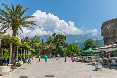 MONTENEGRO, BUDVA - JUNE 04/2017: tourists walk around the old city in the evening.のeditorial素材