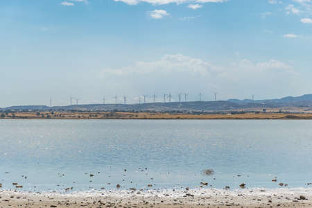 White wind turbines that are located near the reservoir in Cyprus