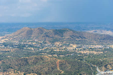 Beautiful view of the open spaces of the mountains of Cyprus with green treesの写真素材