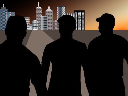 Hombres que se aproximan a la ciudad       の写真素材