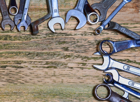 Tools on the wood background の写真素材