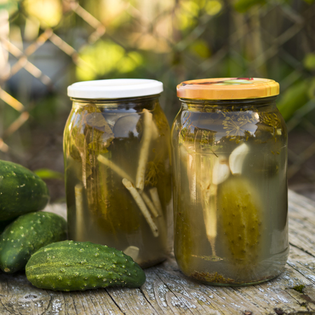 Preserving pickled cucumbers. Pickles jars.の写真素材