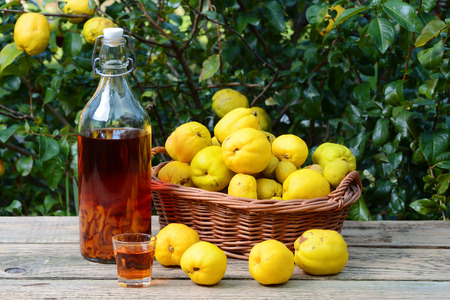 Tincture of quince and fruit in wicker basket on a wooden table.の写真素材