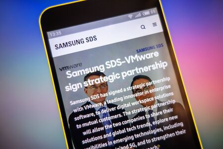 Berdyansk, Ukraine - March 25, 2019: Samsung SDS website homepage. Samsung SDS logo visible onthe phone screen.のeditorial素材