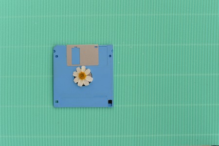 blue floppy disk and white flower on green vintage backgroundの写真素材