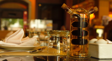 olive oil and vinegar for Italian food on restuarant tableの写真素材