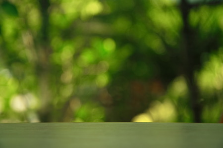 empty wood table with blur garden green background abstractの写真素材