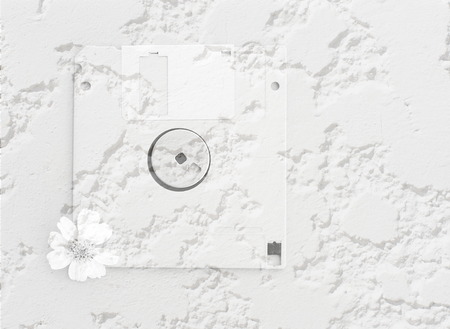 retro white floppy disk and flower with rough cement wall background