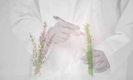 beaker flower plant scientist or researcher in uniform pen and glove backgroundの写真素材