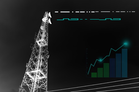 digital telecommunication pole in the dark with blue growth bar graph technology background