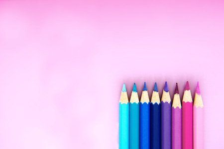 group of blue pink purple art wood pencil sweet cute color on pastel backgroundの写真素材