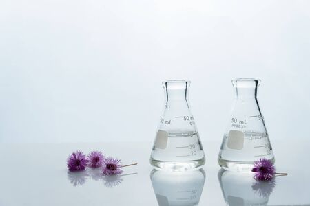 two flask with water and round pink purple small flower in cosmetic science white laboratory backgroundの写真素材