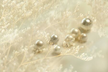 luxury white beige pearl jewelry with soft flower for valentine or wedding backgroundの写真素材