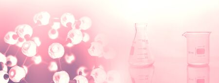 science glass beaker and flask with chemical molecular structure soft pastel pink banner backgroundの写真素材