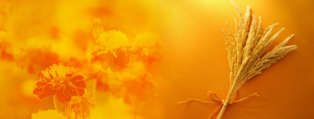 oat whet grain bouquet on orange fabric marigold flower nature banner backgroundの写真素材