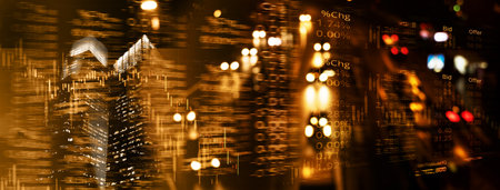 index number graph line of trade stock market and index number on golden glow blur city light welth...