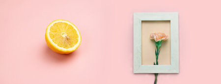 pastel orange pink carnation flower in white wood frame with sliced of yellow lemon nature food...