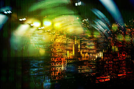 blur orange green blue glowing light and index number of stock market business  abstract background