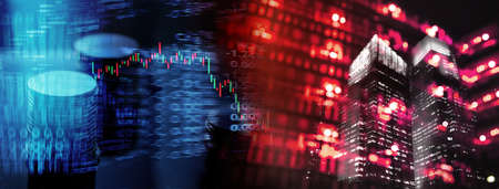 red blue light of money coin stack and index number and graph of stock market business abstract...