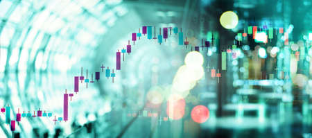 graph line of trade stock market and index number on blue glow blur city and digital technology...