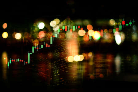 dark city night light and and graph of stock market business abstract background