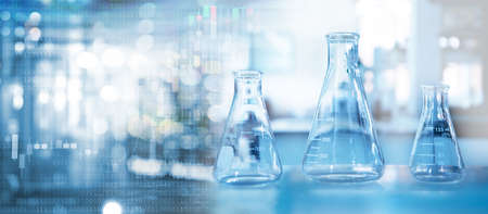clear glass three flask in chemistry science research lab white blue banner backgroundの写真素材