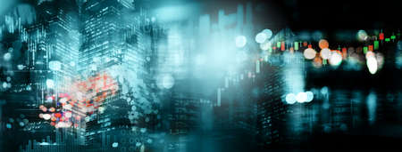 blue city building light and index number and graph of stock market business technology abstract backgroundの写真素材