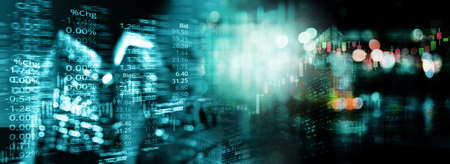 digital index number graph line of trade stock market and index number on glow blur city light banner business backgroundの写真素材