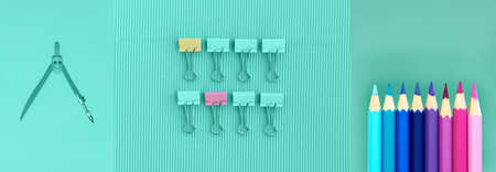 dividers paper clip and pinl purple color pencil stationary for study and working on mint green banner backgroundの写真素材