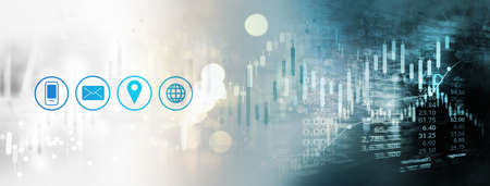 blue communication symbol and index number and graph of stock market business banner abstract...