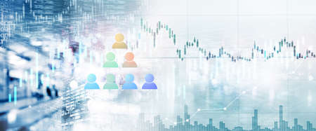 person team network icon and stock market index and graph line for technology business blue white banner backgroundの写真素材