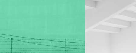 modern concrete white blue mint architecture structure and brab wire minimalism banner backgroundの写真素材